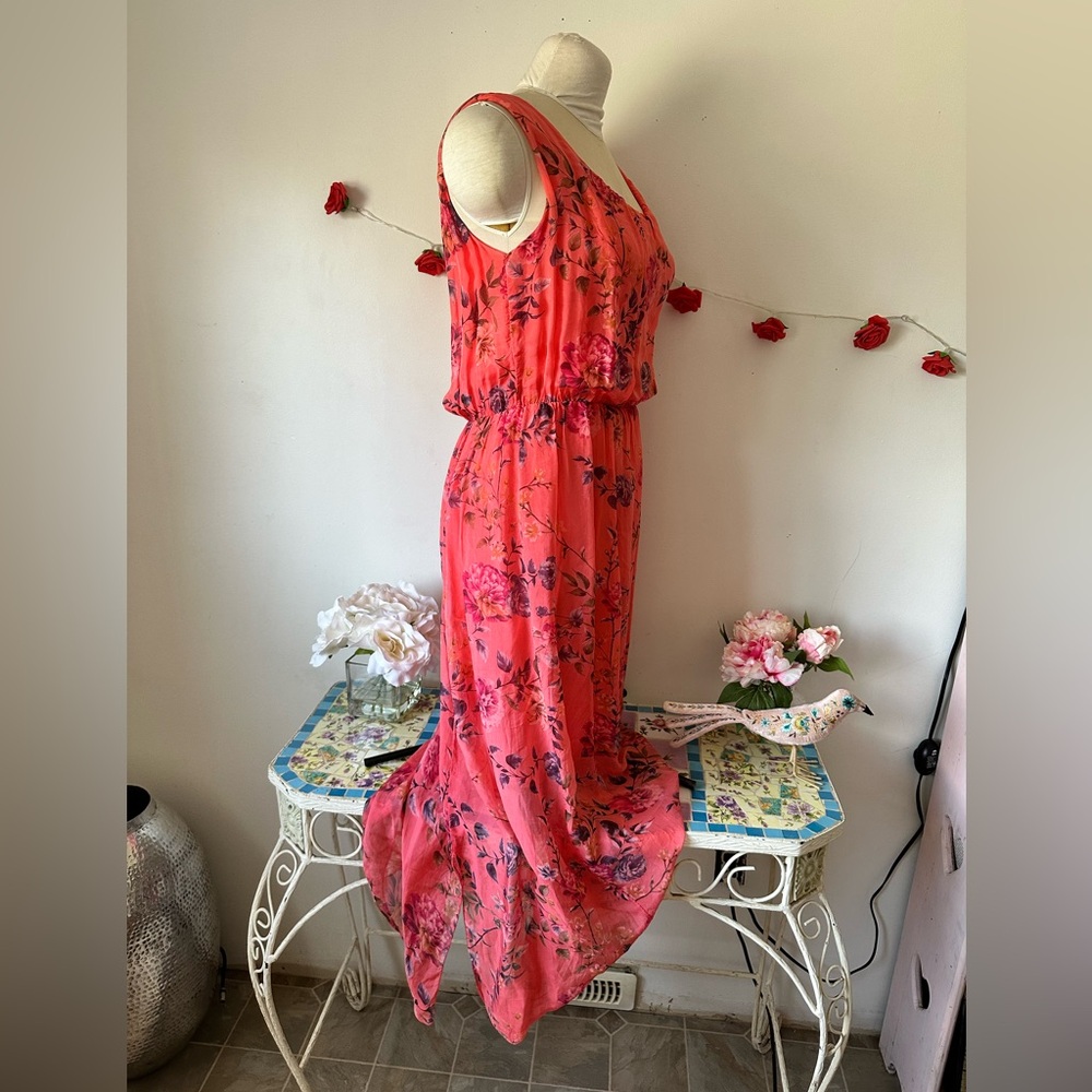 Italy 🇮🇹 Silk Pink Floral Vibrant Orange and Pink Tiered Maxi Sundress S M L - Picture 4 of 11